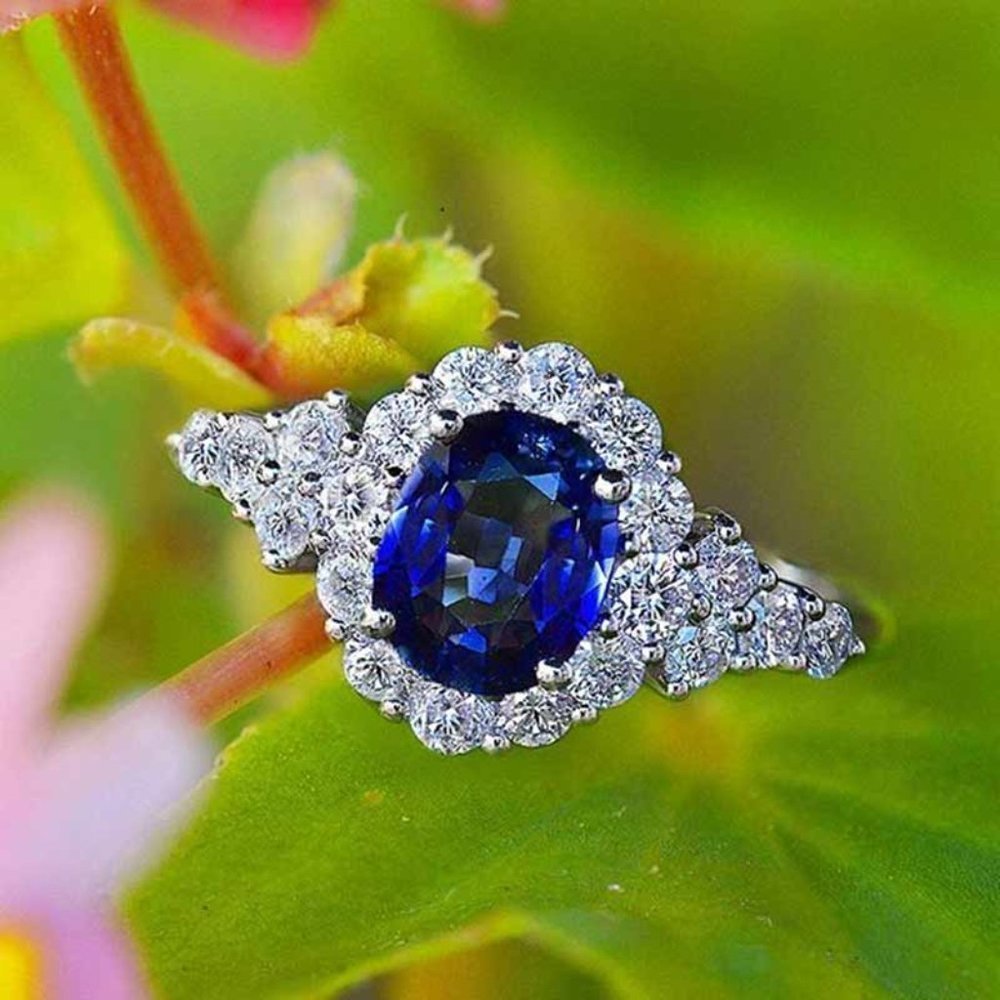 🍁 Noble Oval Flower Dainty Royal Blue 925 Silver Ring for Women, VIP500
